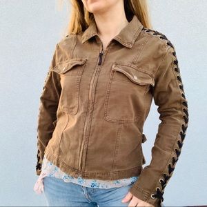 Vintage Free People Cross Laced Shoulders Camo Jean Jacket